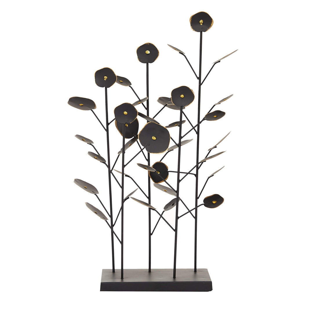 Large Black Metal Abstract Floral Sculpture W Gold Foil Detail Trim 14 X 6 21 - Diamond Home USA