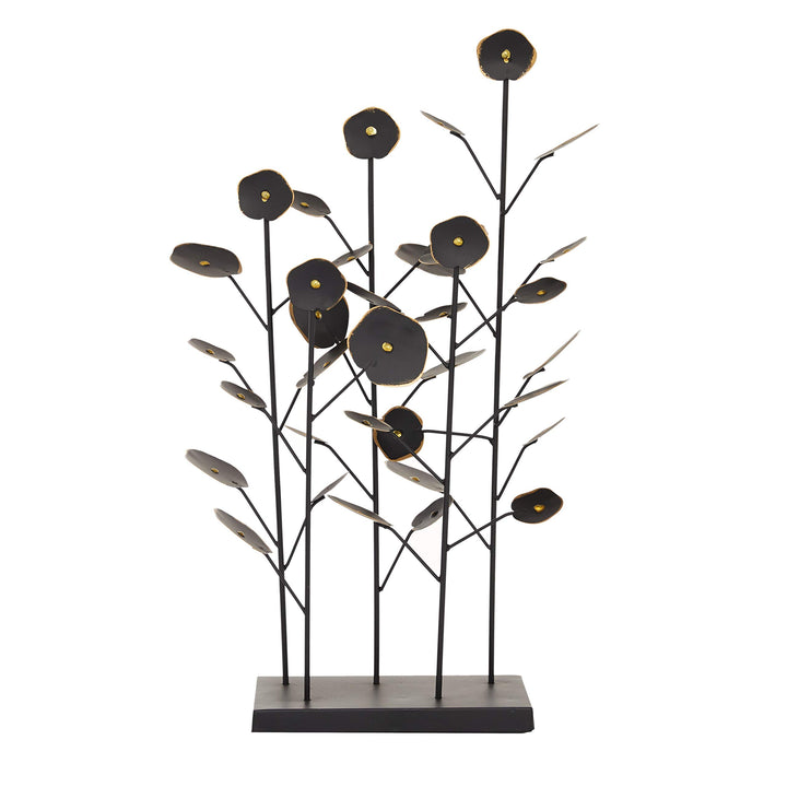 Large Black Metal Abstract Floral Sculpture W Gold Foil Detail Trim 14 X 6 21 - Diamond Home USA