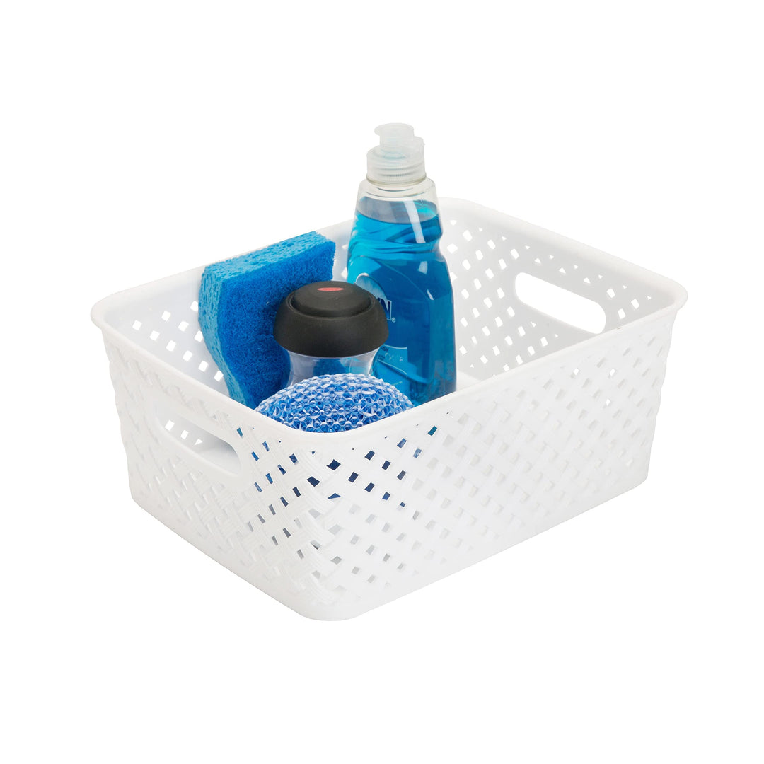 Small White Resin Wicker Storage Bin 10"x8"x4" Plastic Textured No Tools - Diamond Home USA