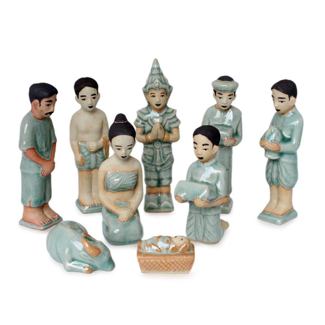 NA Handmade Religious Ceramic Nativity Scene Set of 9 (Thailand) Green - Diamond Home USA