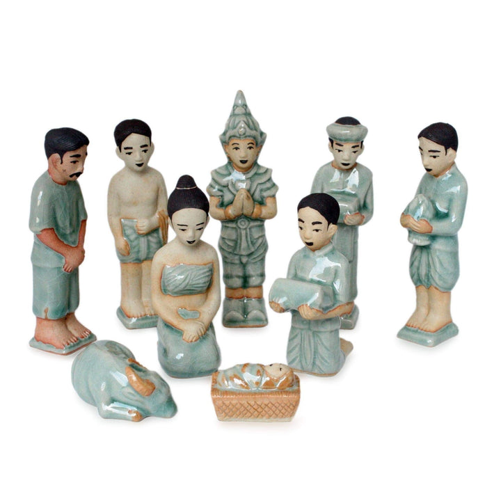 NA Handmade Religious Ceramic Nativity Scene Set of 9 (Thailand) Green - Diamond Home USA