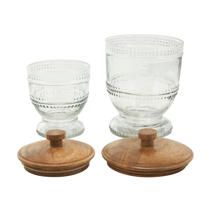 Clear Glass Beaded Decorative Jars with Wood Lids Set of 2 8" 7" h - Diamond Home USA
