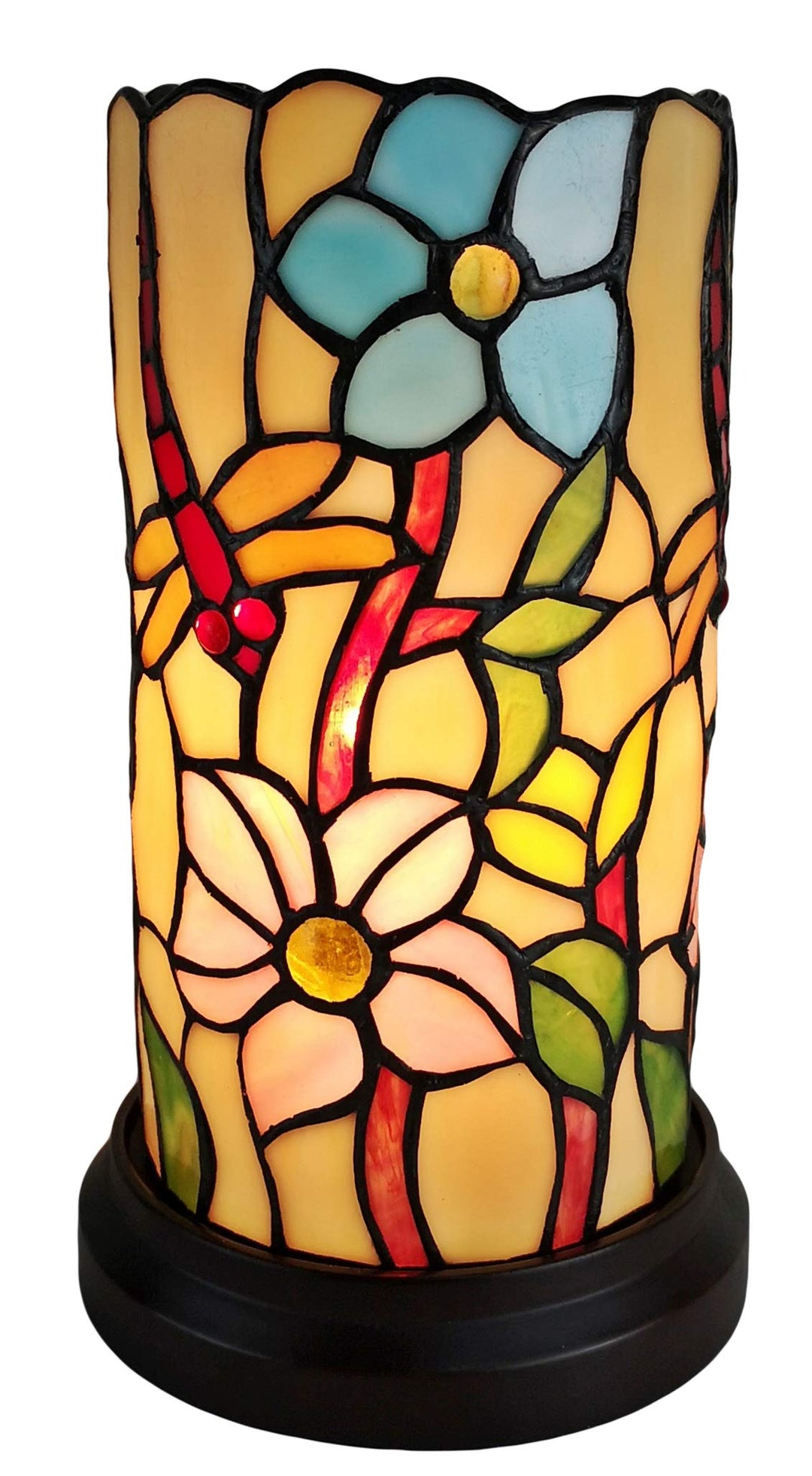 Tiffany Style Accent Lamp 10" Tall Stained Glass White Yellow Dragonfly Floral