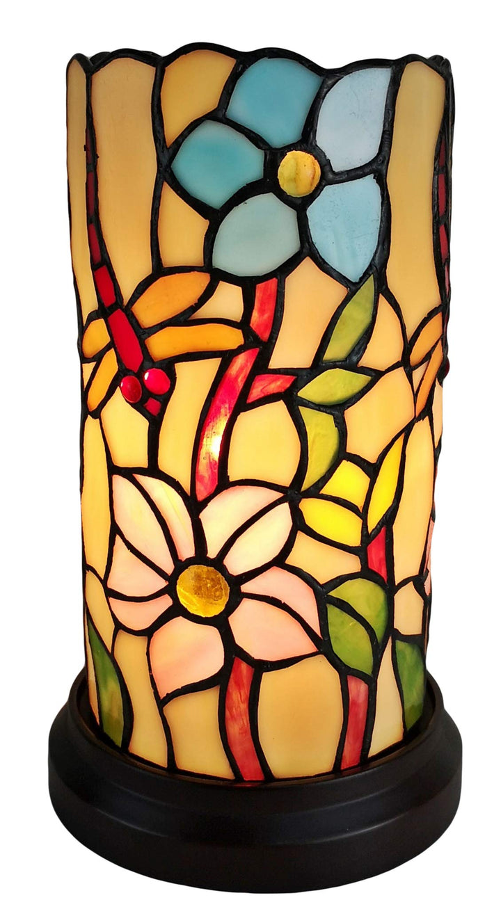Tiffany Style Accent Lamp 10" Tall Stained Glass White Yellow Dragonfly Floral