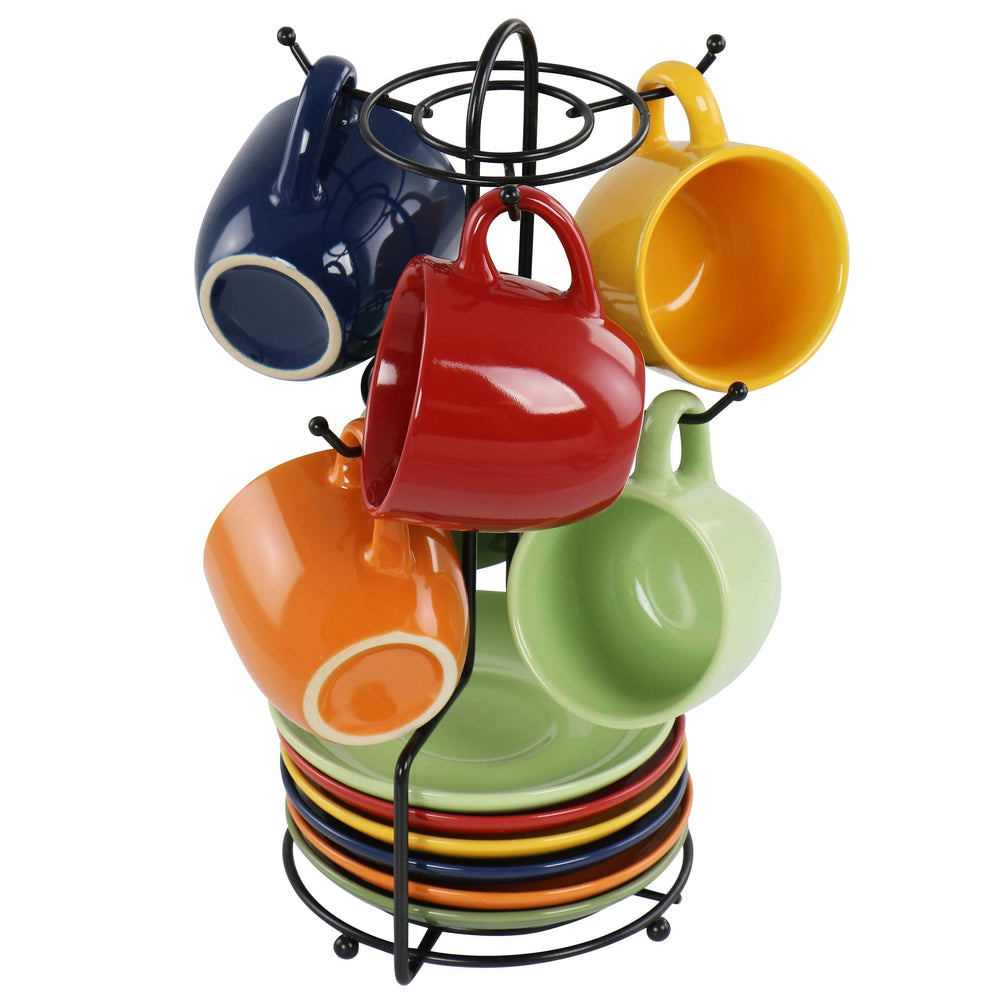 Color Cafe 13 Piece Mug and Saucer Set with Metal Rack in Assorted Colors - Diamond Home USA