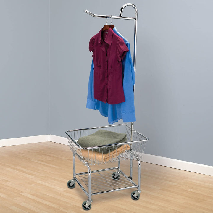 Chrome Laundry Rolling Cart with Basket and Hanging Bar 25 X 21 67 Inches Silver - Diamond Home USA