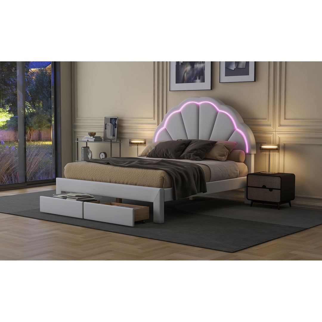 Full Platform Bed Frame W/led Flowers Shaped White Headboard 2 Drawer Casual - Diamond Home USA