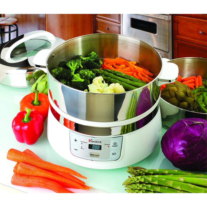 Stainless Steel Electric Food Steamer White Metal Programmable Ready Indicator - Diamond Home USA