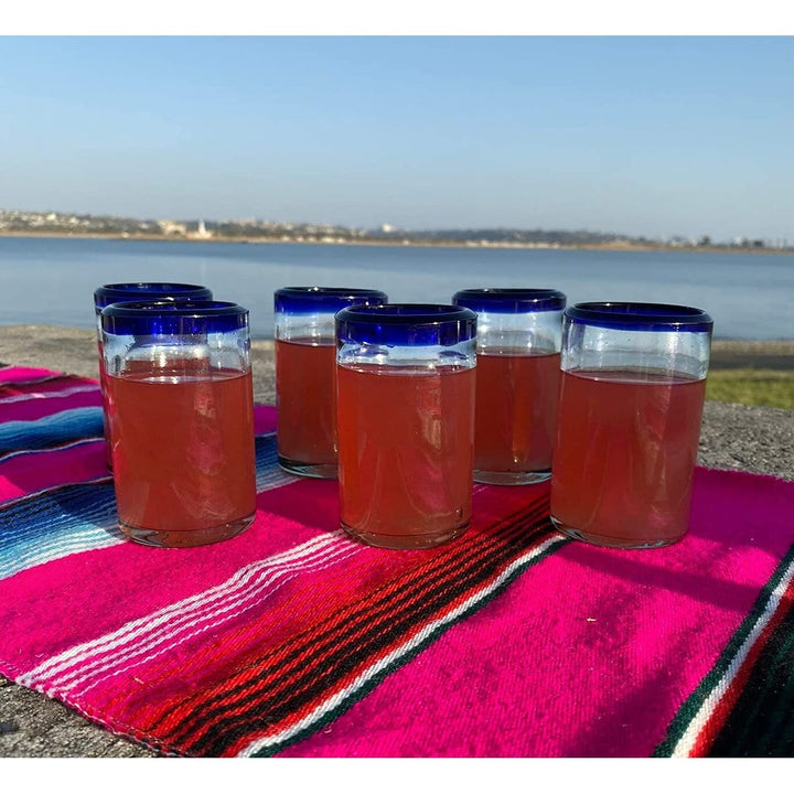 Hand Blown Mexican Drinking Glasses Set Of 6 Juice With Cobalt Blue Rims (8 Oz - Diamond Home USA
