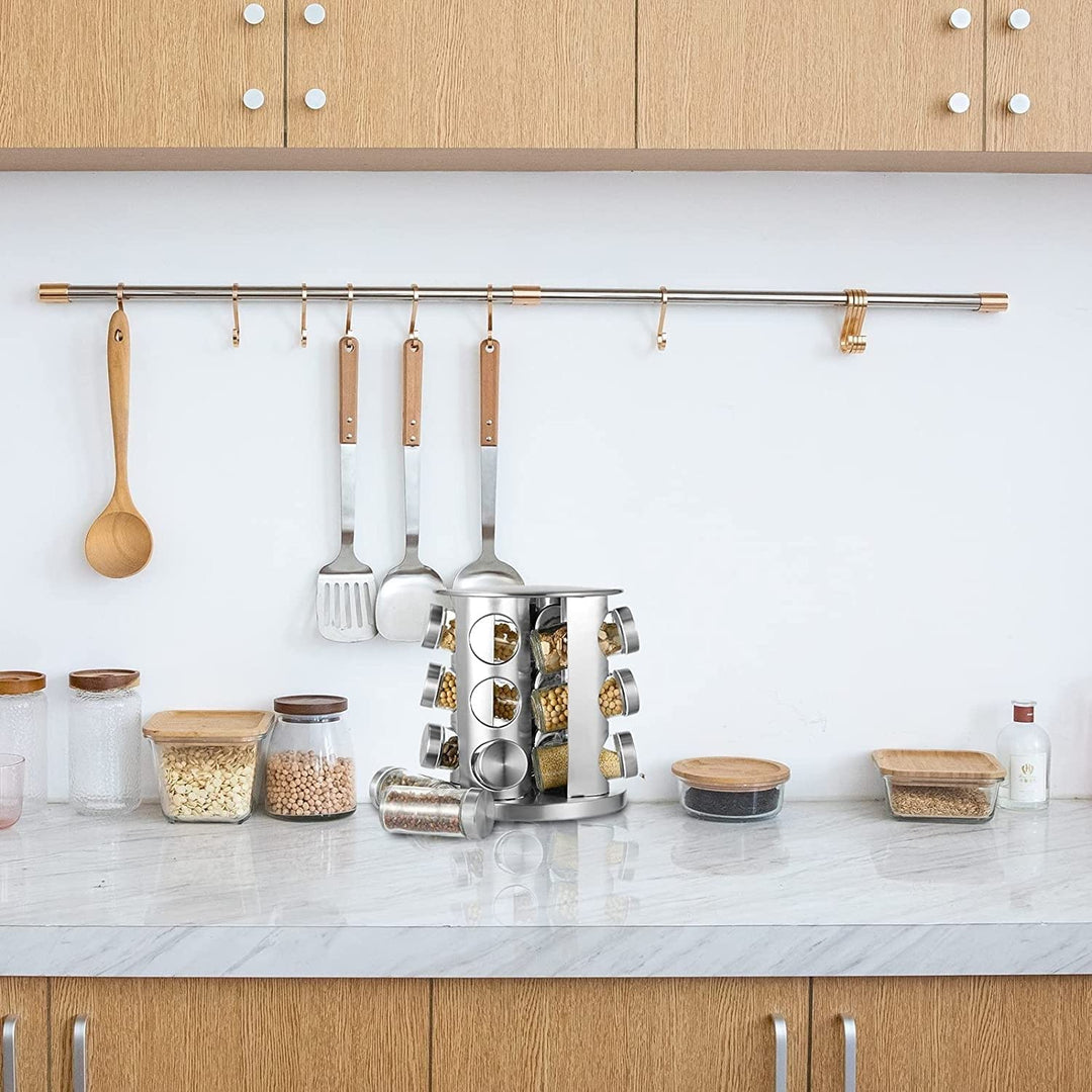 Rotating Spice Rack with 12 Jars Silver Stainless Steel - Diamond Home USA