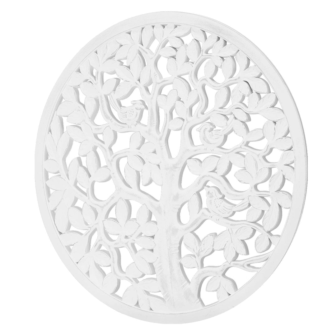 Boho Tree Birds Round White Distressed Medallion Wall Art Accent 31" Bohemian