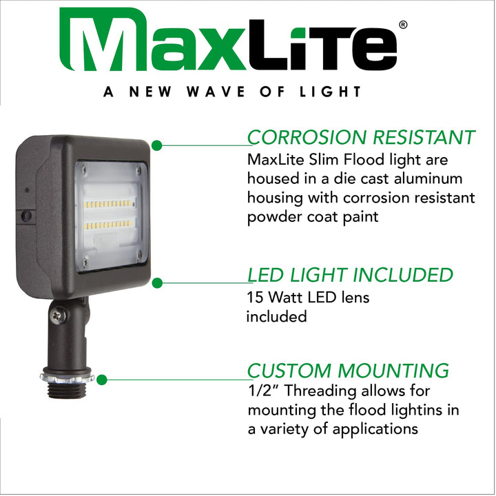 MaxLite Slim Flood 15W 120-277V Wide 5000K Bronze Knuckle 1/2" Threaded Nipple - Diamond Home USA