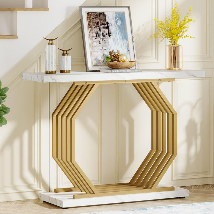 Gold Console Table Marble Entryway Narrow Sofa 40 Inch Modern Accent with
