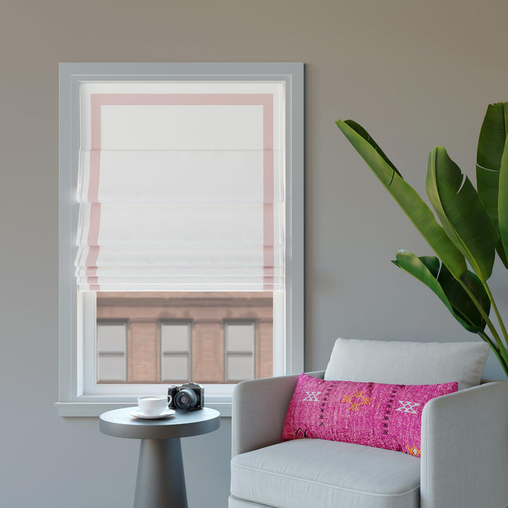 Sun Zero Marline Pink Ribbon Border Stripe 100% Blackout Cordless Roman Shade 39" x 64" - Pink/White - Diamond Home USA