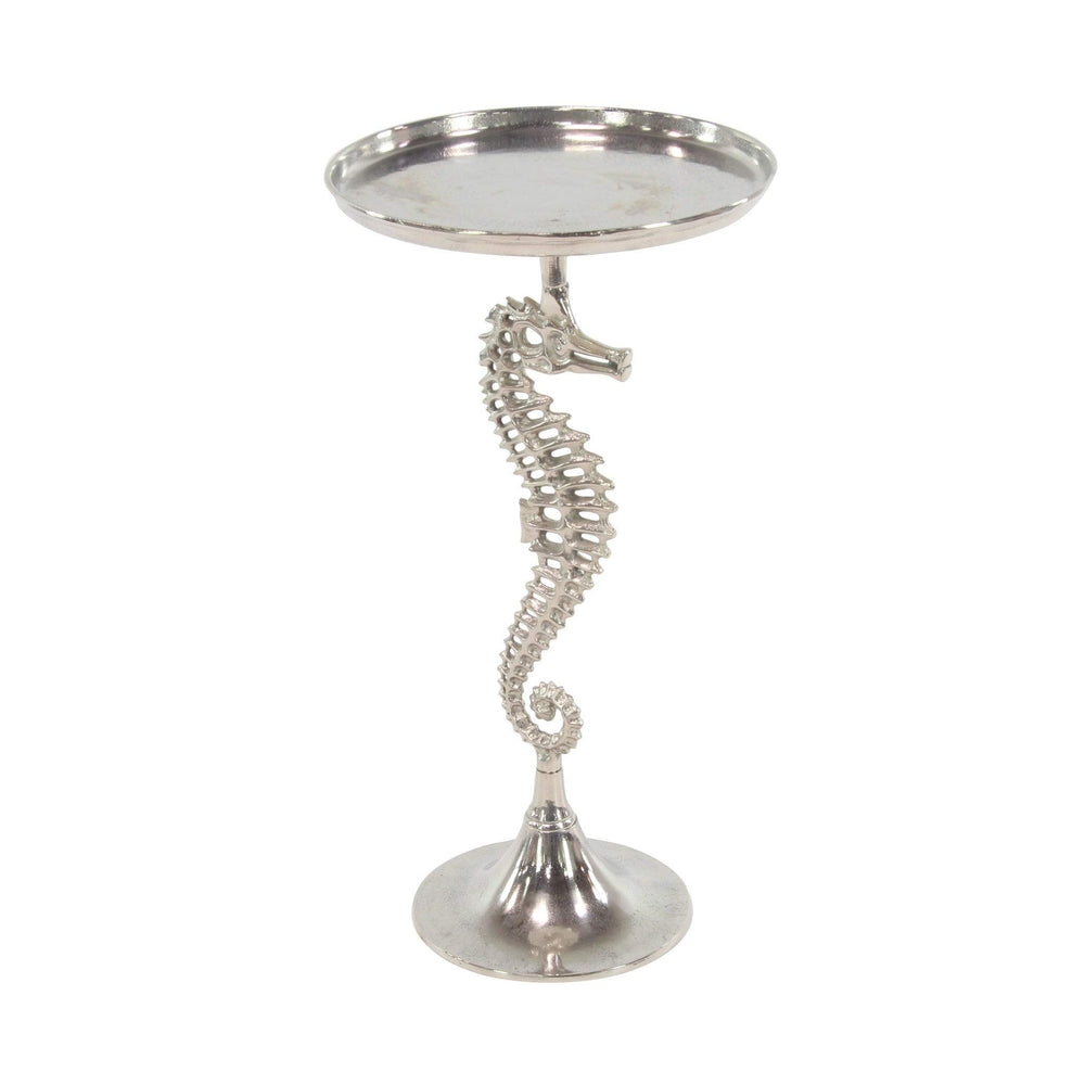 Coastal 29 Inch Round Aluminum Seahorse Accent Table by Silver Modern - Diamond Home USA