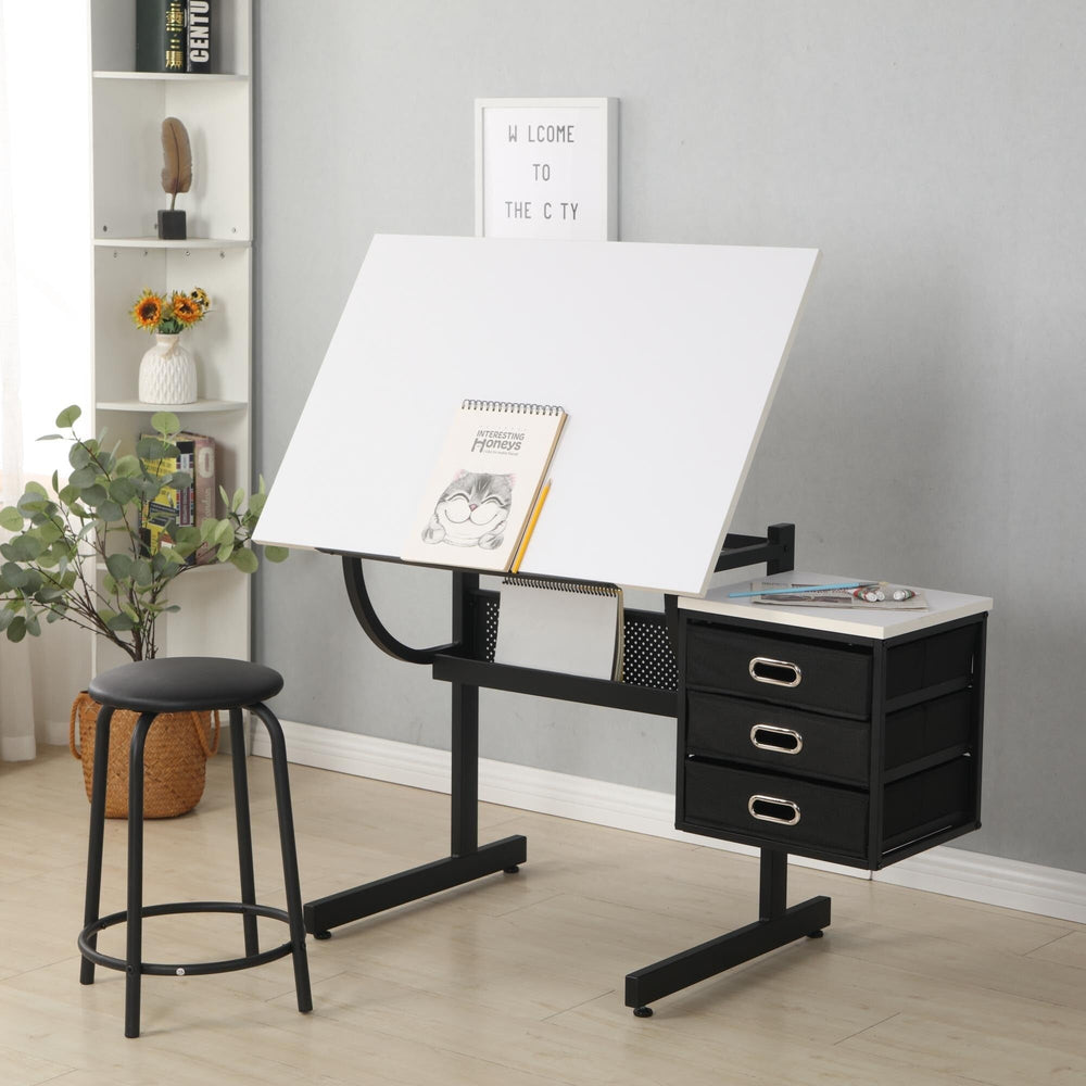 White Adjustable Drafting Drawing Table with Stool and 3 Drawers Modern - Diamond Home USA