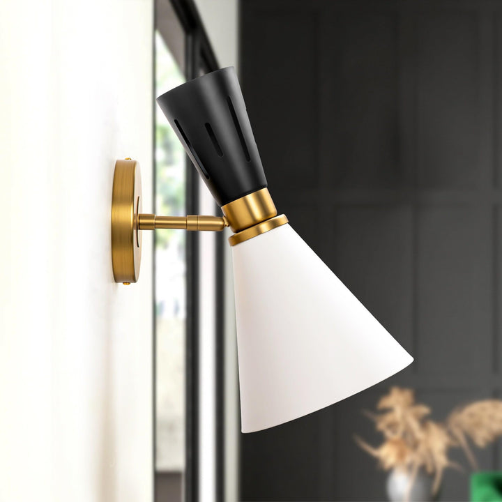 Fern 1-light Modern White/Black Cone Wall Sconce Adjustable Arm Vanity Light for