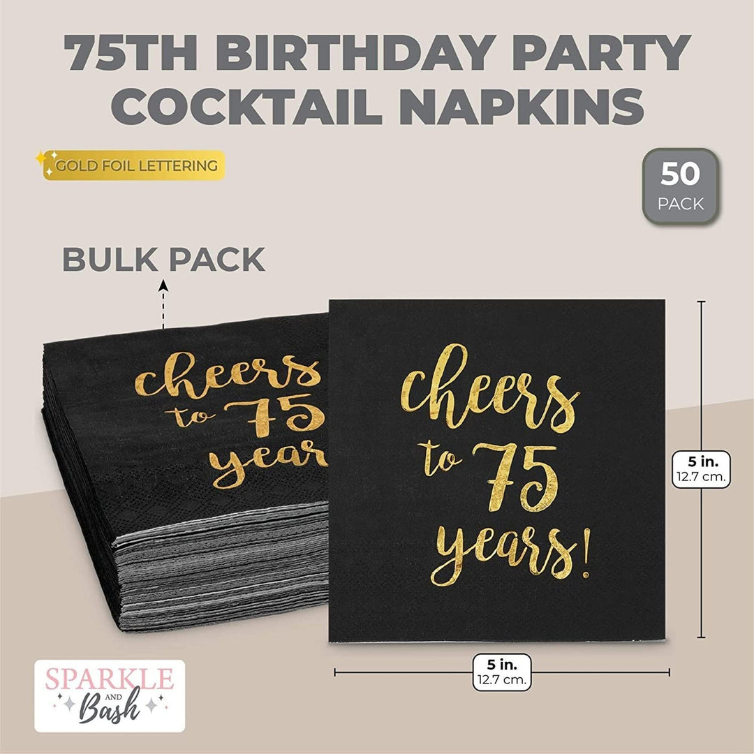 75 Birthday Party Cocktail Napkins Cheers To Years (5 X 5 In 50 Pack) Black - Diamond Home USA