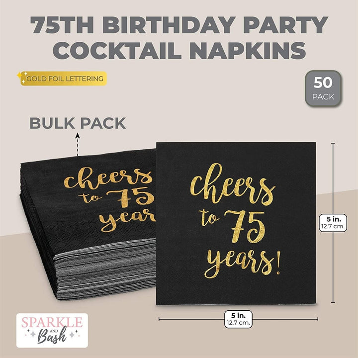 75 Birthday Party Cocktail Napkins Cheers To Years (5 X 5 In 50 Pack) Black - Diamond Home USA
