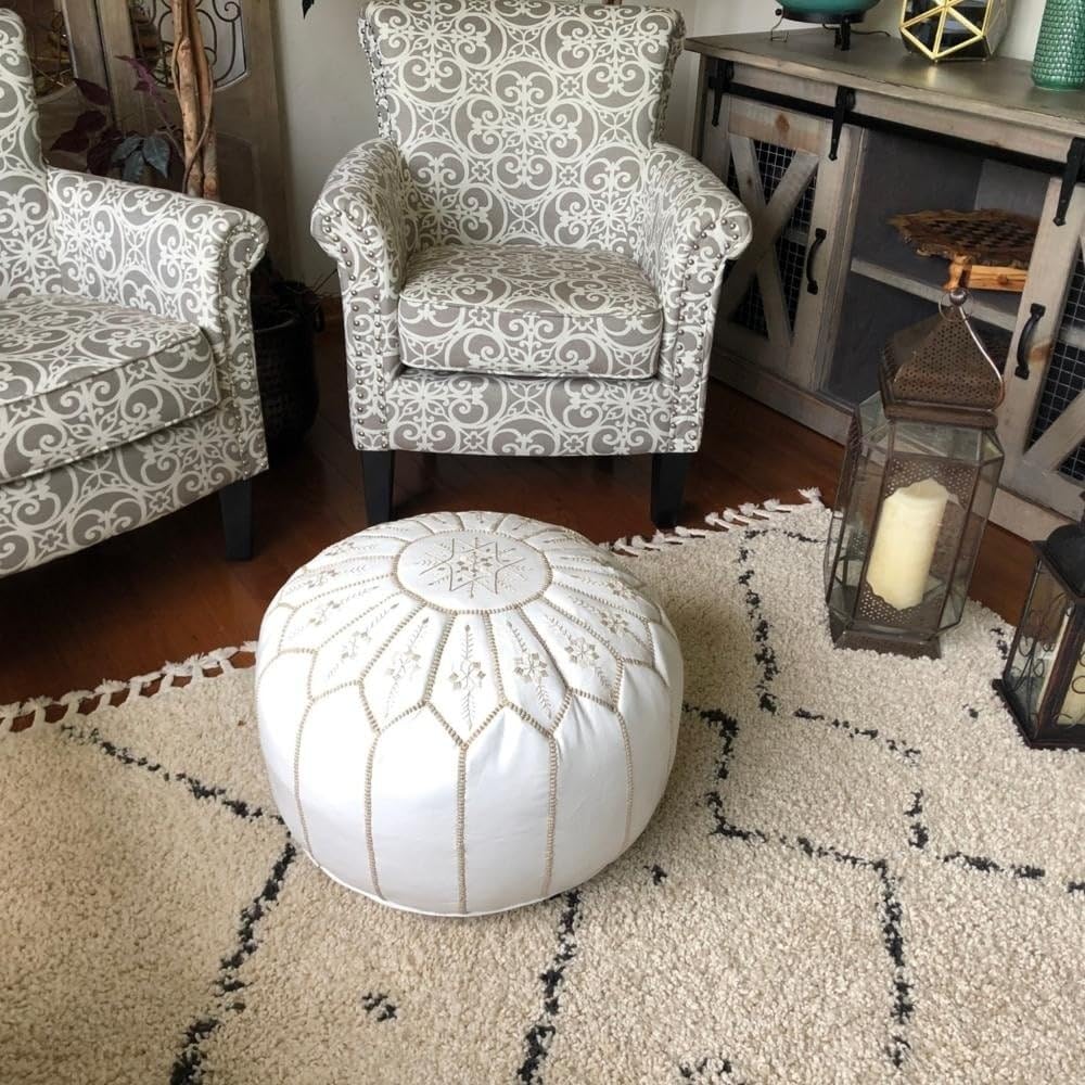 Moroccan Flower Leather Pouf Round White Embroidered Ottoman (Morocco) - Diamond Home USA