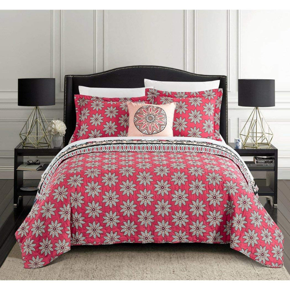 4 Piece Aqua Red Southwest Quilt Queen Set Bohemian Hippie Bedding - Diamond Home USA
