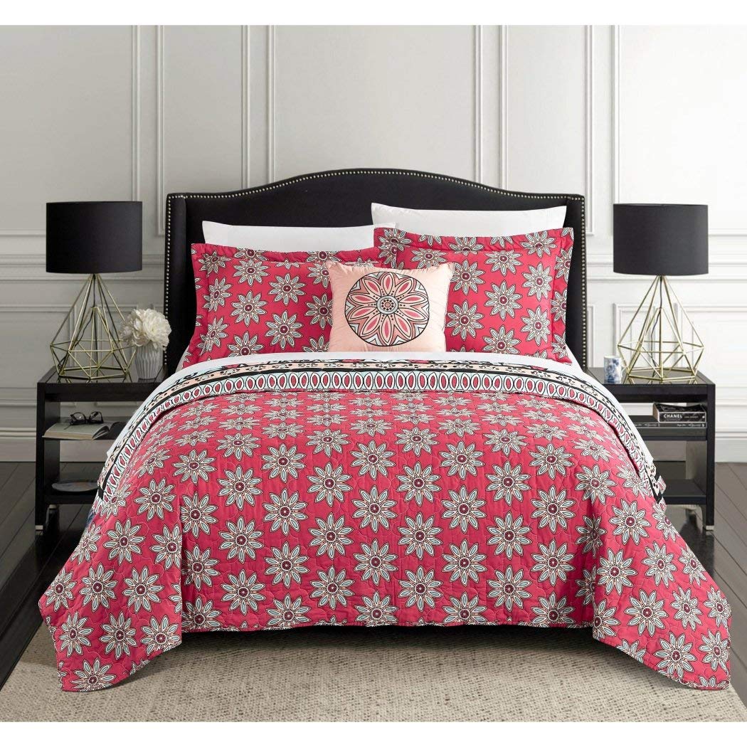 4 Piece Aqua Red Southwest Quilt Queen Set Bohemian Hippie Bedding - Diamond Home USA