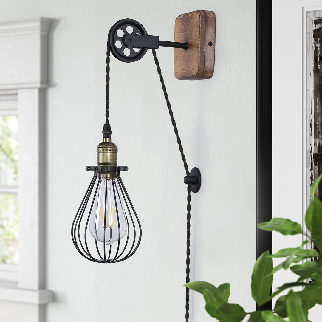 Industrial Farmhouse Plug in Wall Sconce with Wire Shade Metal Lamp Cage