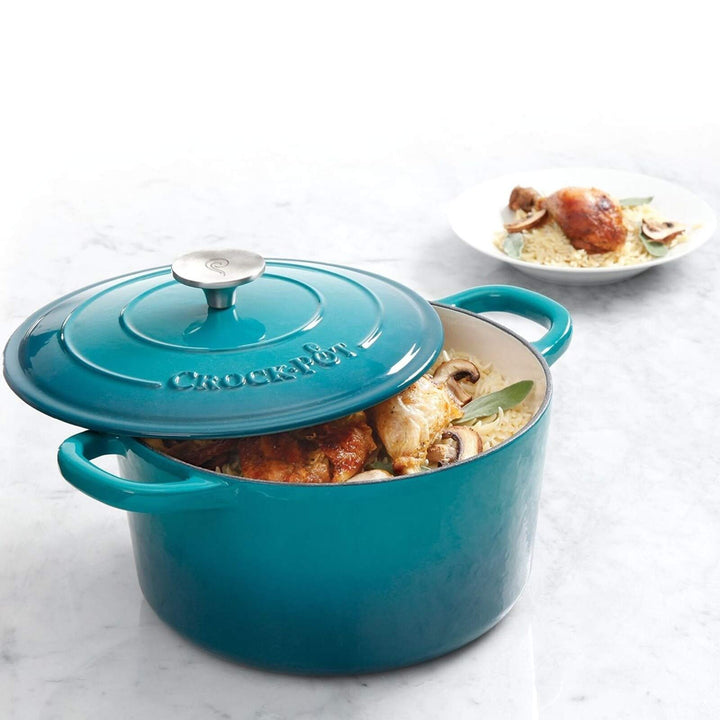 5 Qt Round Dutch Oven Teal Enamel Brushed Ss Hollow Knob Cast Iron Turquoise - Diamond Home USA