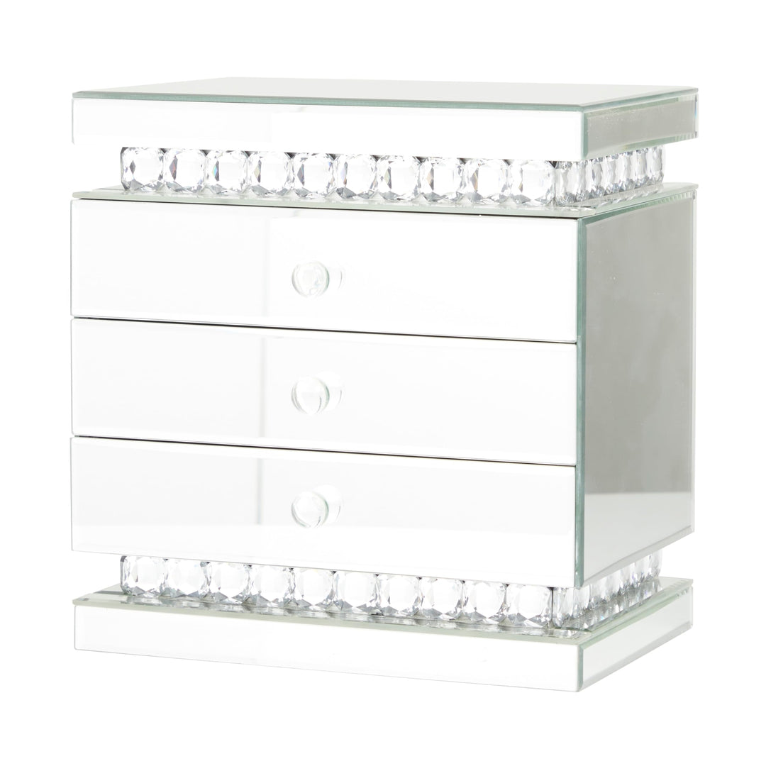 Silver Wooden Mirrored 3 Drawers Jewelry Box With Crystal Embellishments - Diamond Home USA