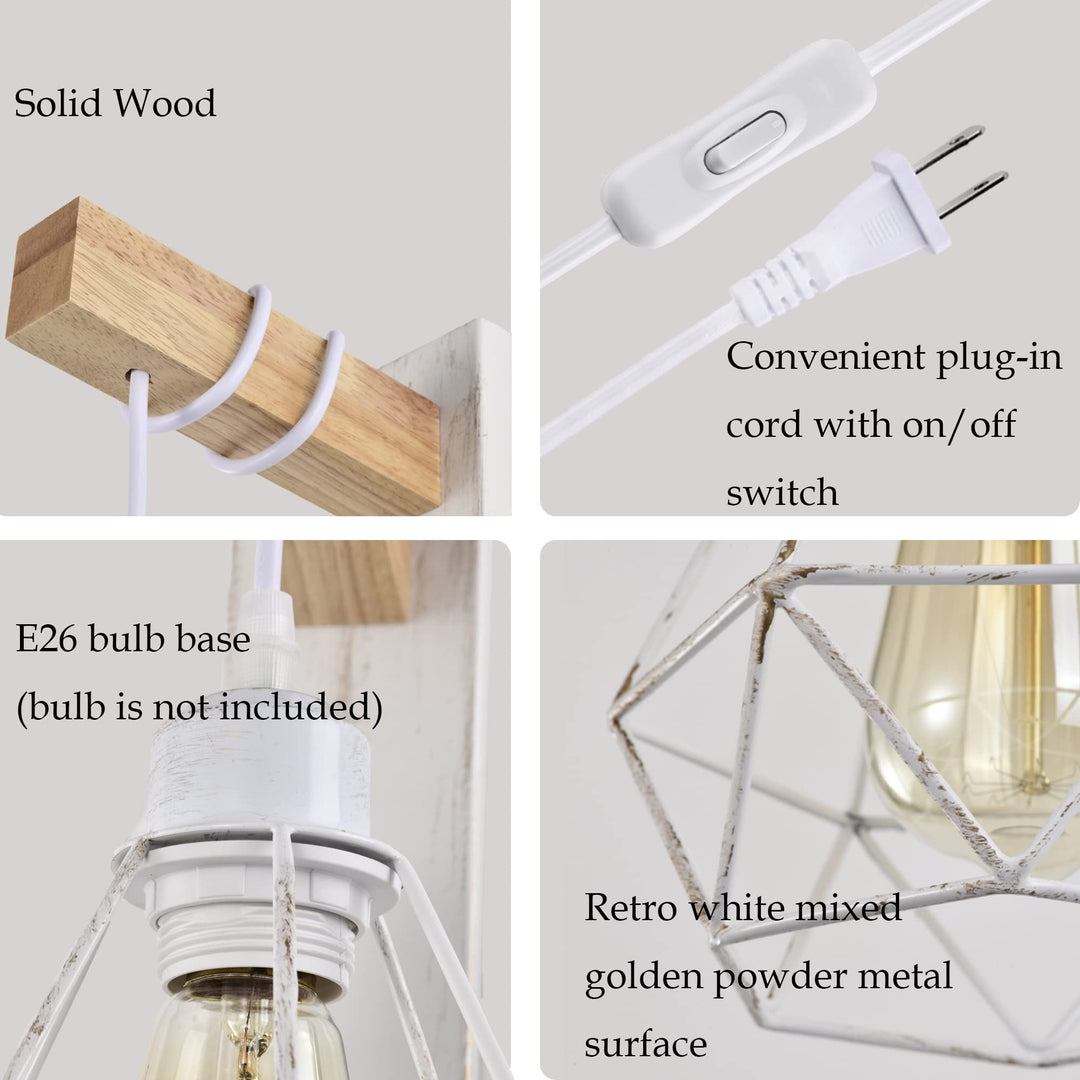 Farmhouse White Plug in Wooden Metal Wall Sconces Set of 2 Vintage Iron Wood - Diamond Home USA