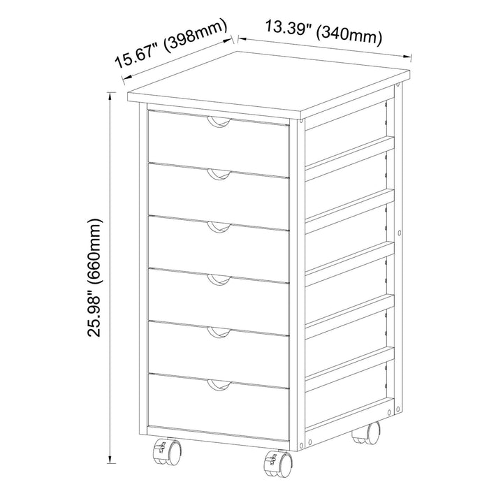 Solid Bamboo Frame 6 Drawer Rolling Cart White MDF Drawers - Diamond Home USA