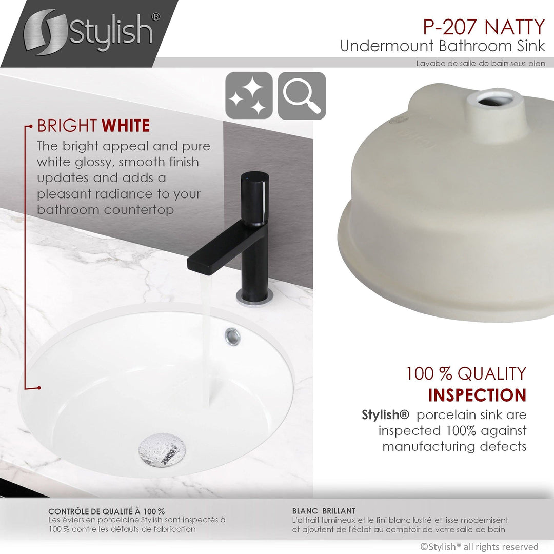 Stylish 16 Inch Round Undermount Ceramic Bathroom Sink with 2 Overflow - Diamond Home USA