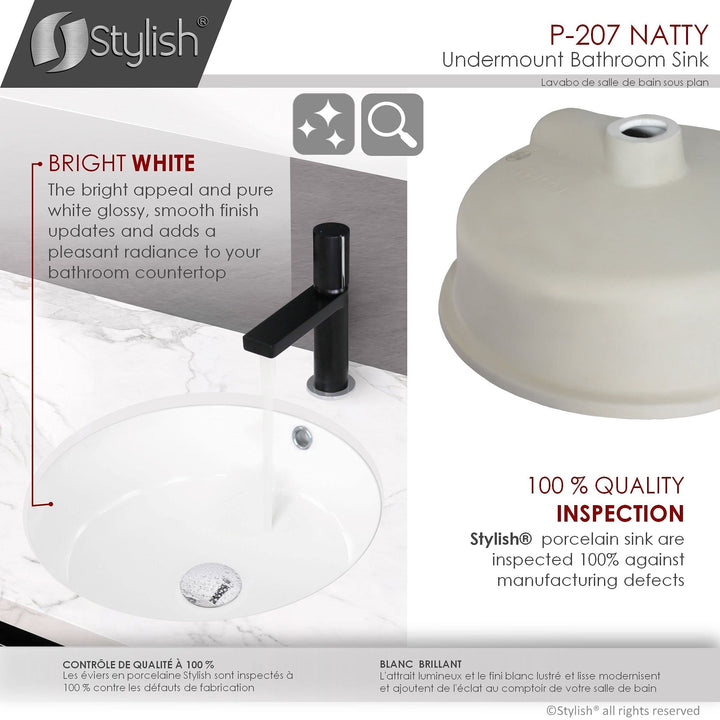 Stylish 16 Inch Round Undermount Ceramic Bathroom Sink with 2 Overflow - Diamond Home USA