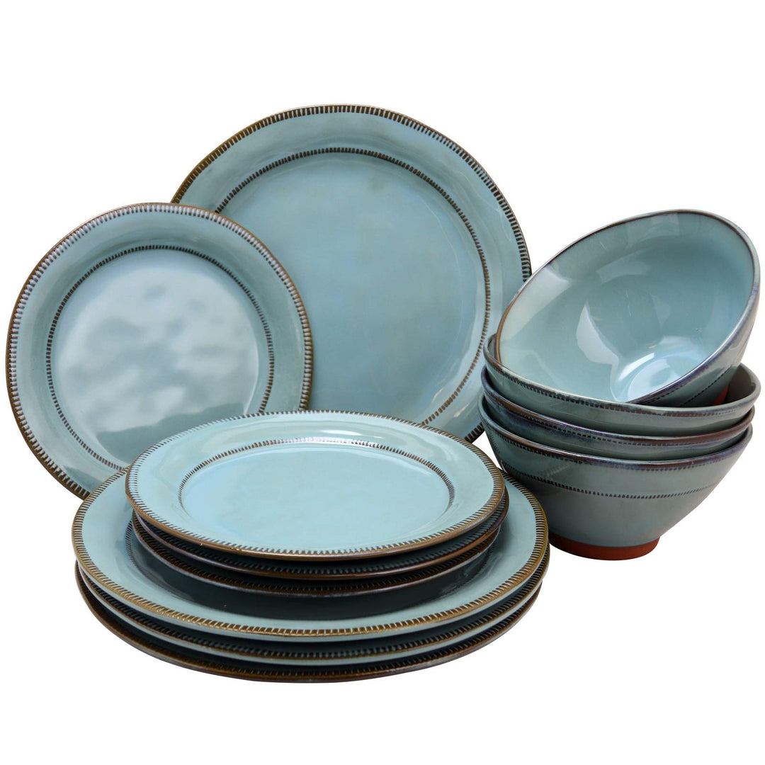 Terracotta 12 Piece Round Dinnerware Set in Teal Blue Solid Casual Stoneware