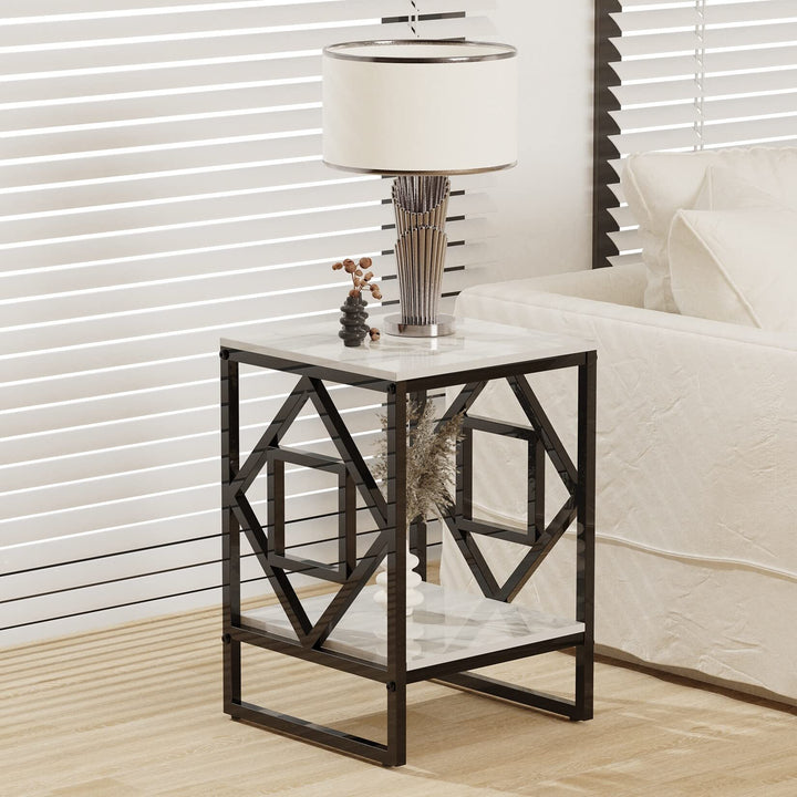 Square 15.7-inch Marble Top with Metal Frame Side Table Black Modern
