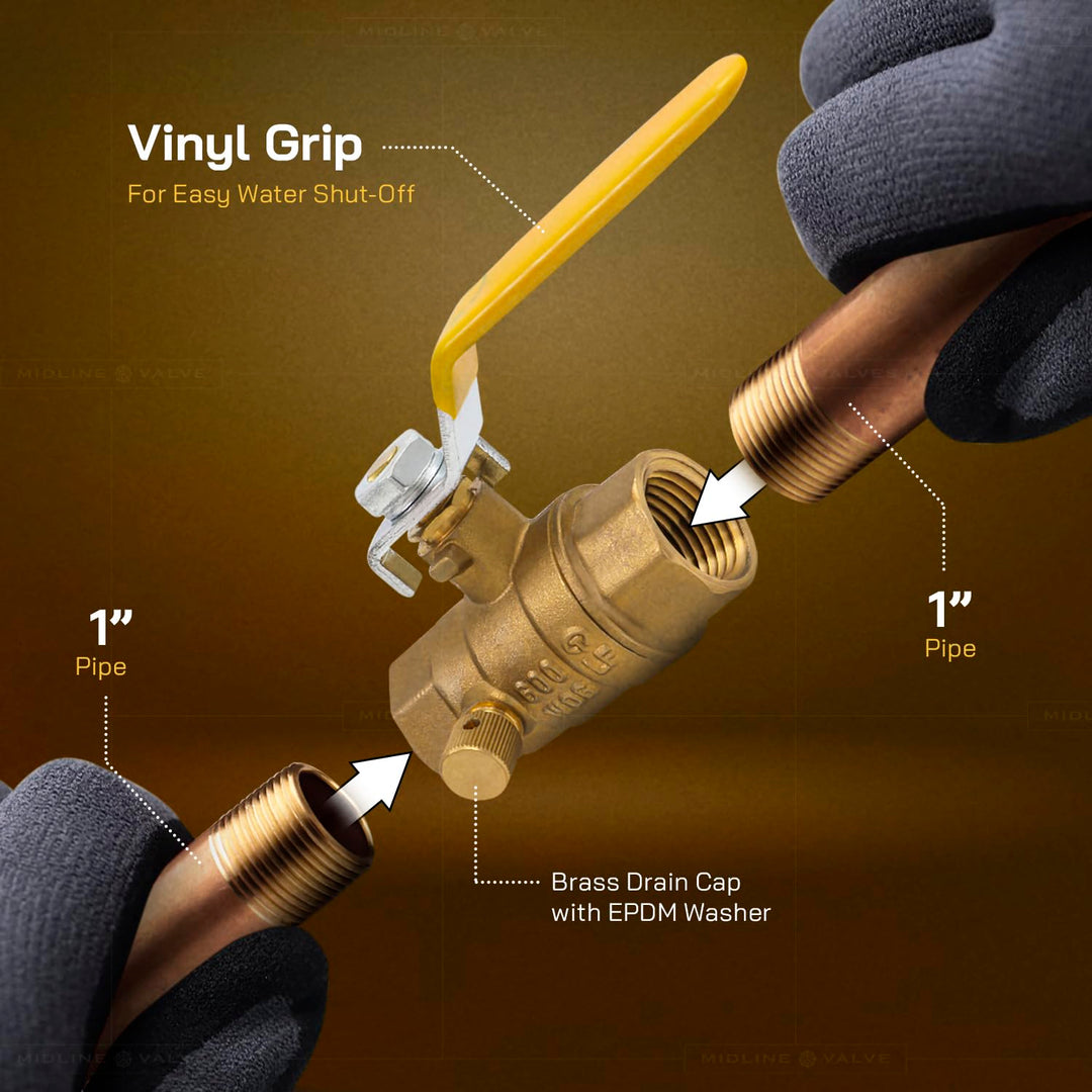 Midline Valve 627T223-NL Premium ull Port Ball Valve with Drain Brass x 1 in. - Diamond Home USA