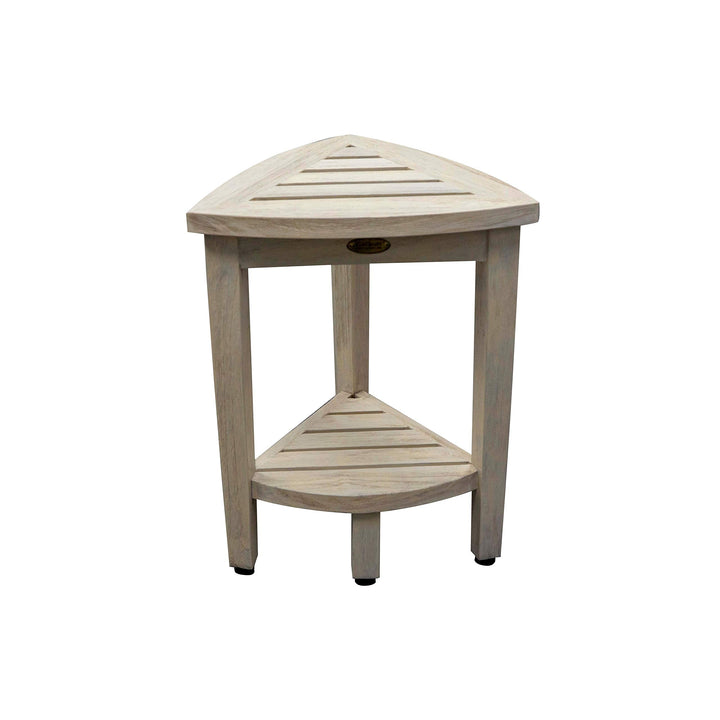 Compact Solid Teak Corner Shower Shaving Bench- Coastal Driftwood Finish Cream