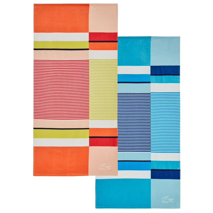 Lacoste 2 Pack Shifted Stripe Beach Towel Bundle in Aqua Melon Blue Striped