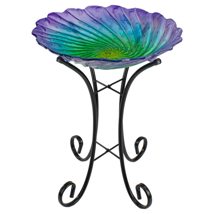 18" Purple and Green Swirled Hand Painted Glass Outdoor Birdbath