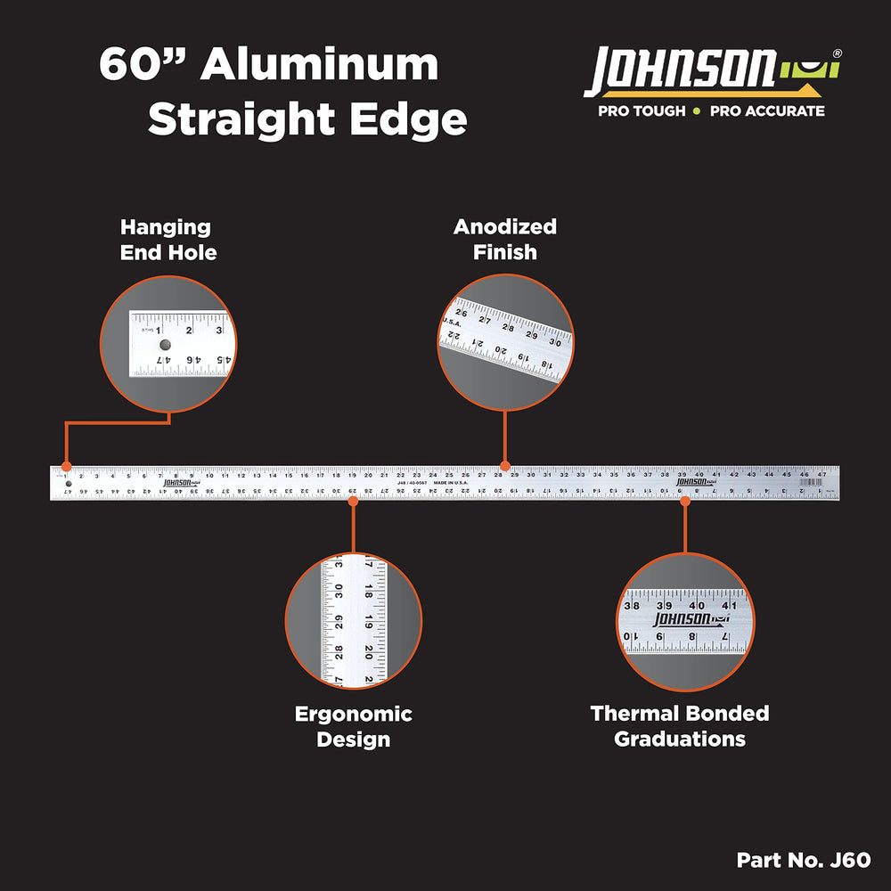 Johnson Level & Tool J60 Aluminum Straight Edge 60" Silver 1 Ruler - Diamond Home USA