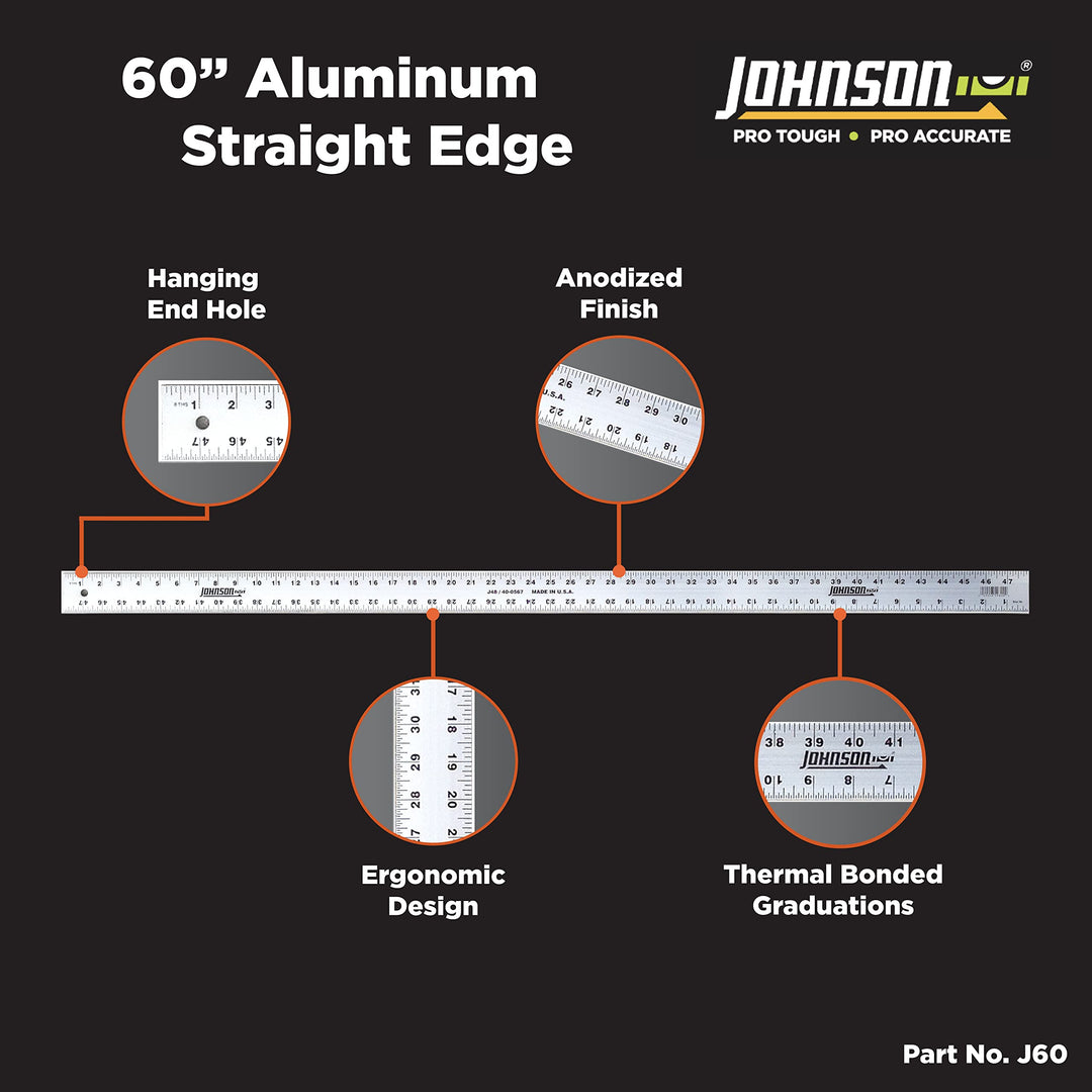 Johnson Level & Tool J60 Aluminum Straight Edge 60" Silver 1 Ruler - Diamond Home USA