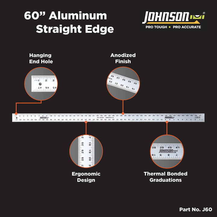 Johnson Level & Tool J60 Aluminum Straight Edge 60" Silver 1 Ruler - Diamond Home USA