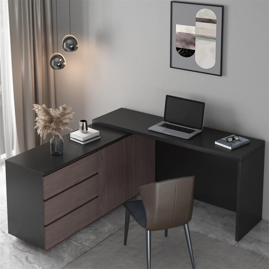 Home Office Expandable Desk with Drawer Dresser for Storage Black Brown Modern - Diamond Home USA