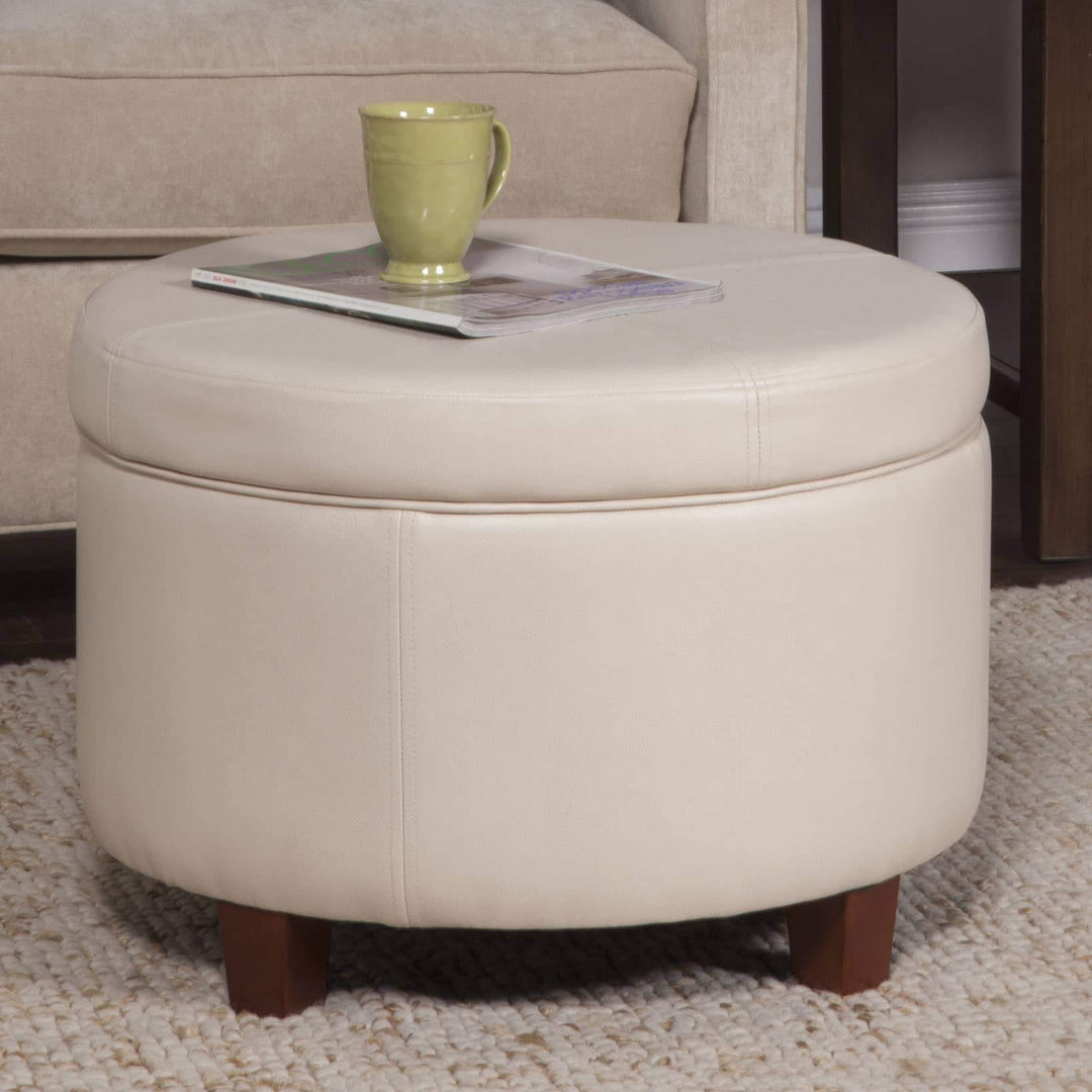 Large Ivory Faux Leather Round Storage Ottoman Cream Solid Transitional Foam