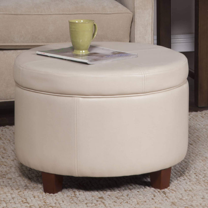 Large Ivory Faux Leather Round Storage Ottoman Cream Solid Transitional Foam