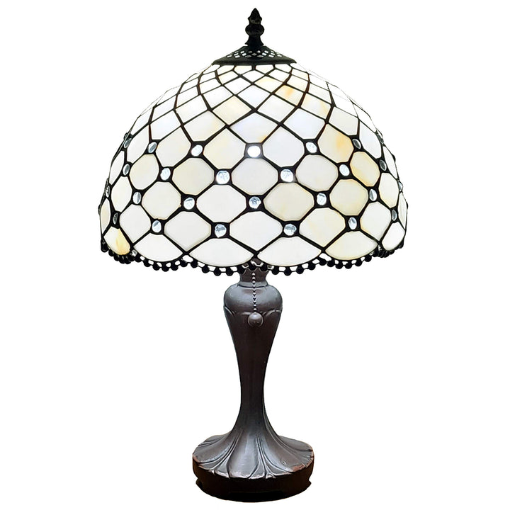 Tiffany Style Table Lamp Banker Jeweled Beaded 19" Tall Stained Glass White - Diamond Home USA