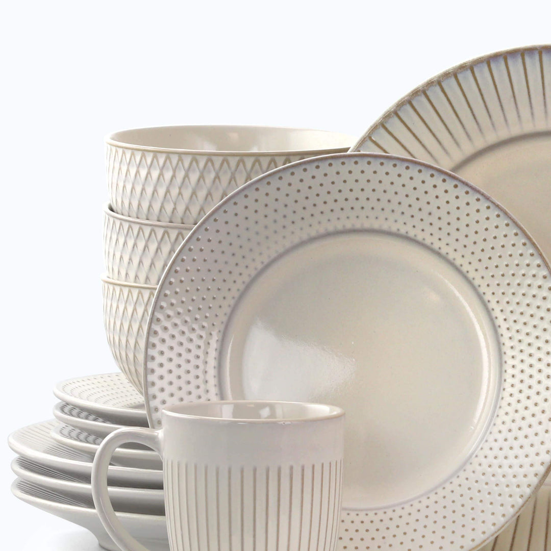 Marketplace Dinnerware Set in Embossed White Beige Solid Casual Round - Diamond Home USA
