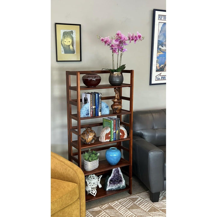 Solid Acacia 5 Tier Folding Bookcase Brown Mid-Century Modern Contemporary Mahogany - Diamond Home USA