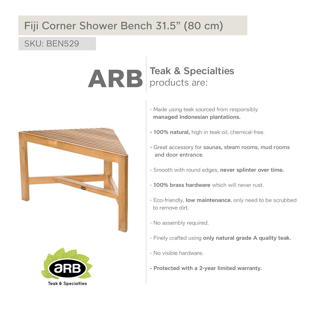 Teak Shower Bench Fiji Corner 31" (80 Cm) Brown Solid Color Traditional - Diamond Home USA