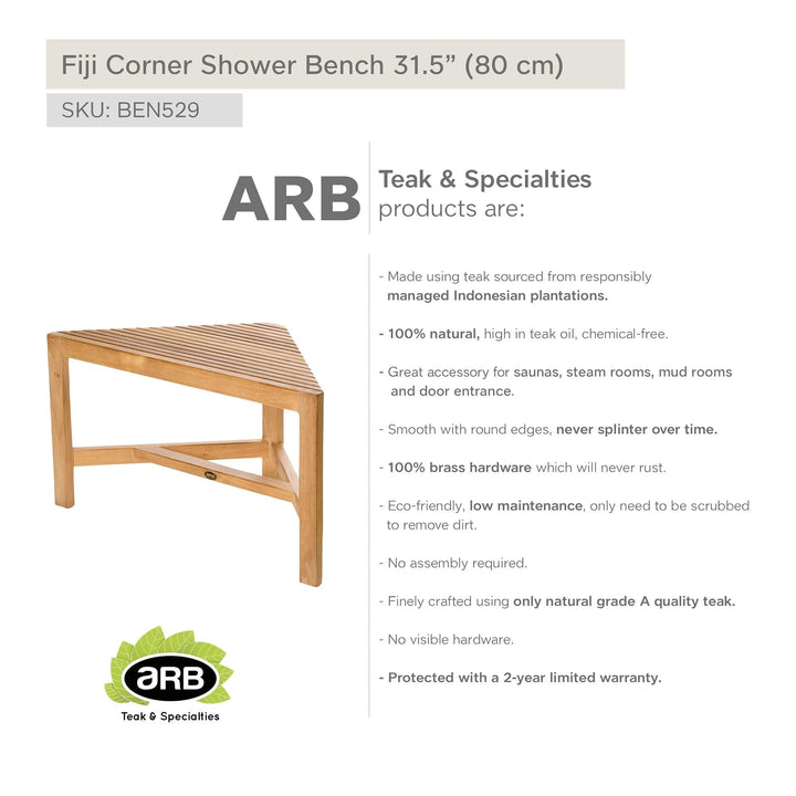 Teak Shower Bench Fiji Corner 31" (80 Cm) Brown Solid Color Traditional - Diamond Home USA